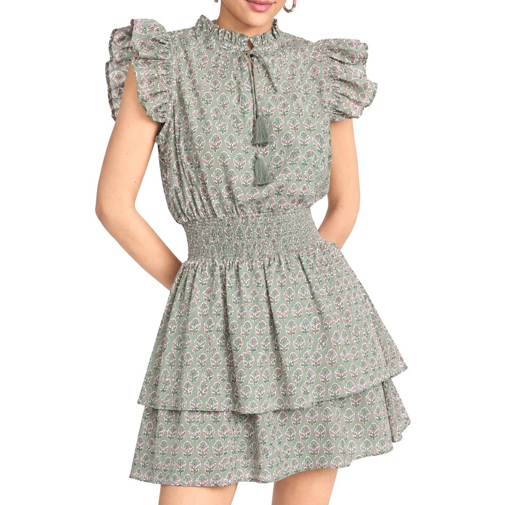 Marea Sarah Flutter‎ Mini Dress Sage Green Floral Print Cotton Size XS
